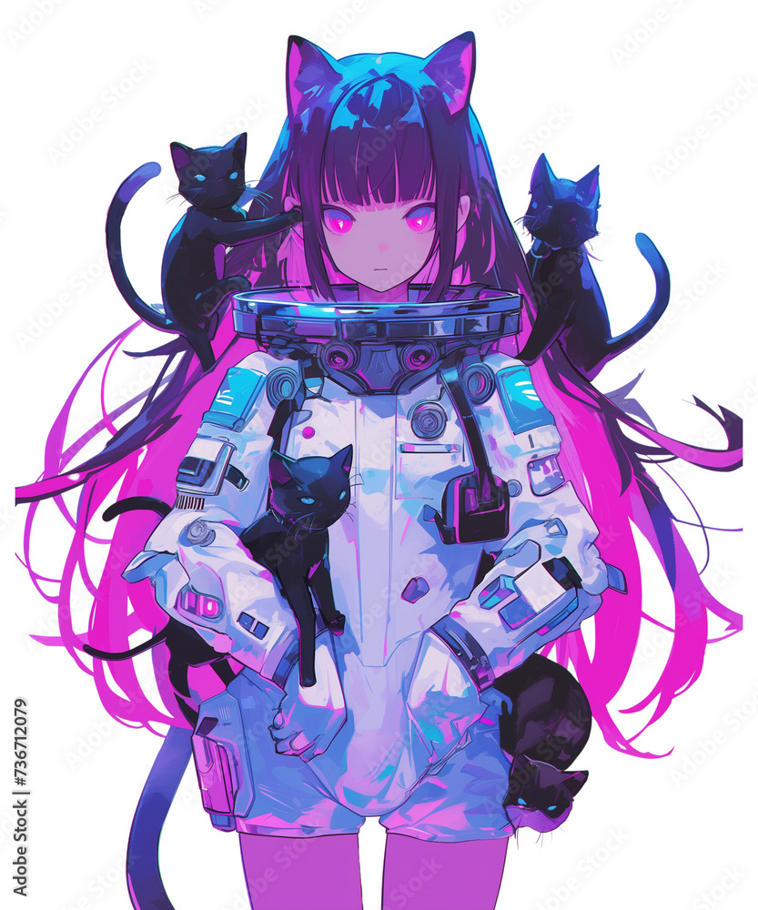 A striking anime illustration of a girl with cat ears, clad in a detailed space suit, surrounded by playful kittens against a soft purple background, invoking a sense of whimsy and sci-fi fantasy.
A striking anime illustration of a girl with cat ears, clad in a detailed space suit, surrounded by playful kittens against a soft purple background, invoking a sense of whimsy and sci-fi fantasy.