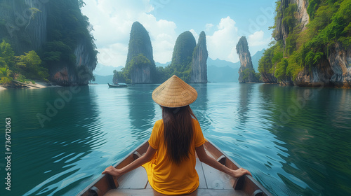 traveler woman in a longtail boat at Khao Sok Lake Thailand Asia, Asian woman in a boat at the lake with limestone cliffs © Fokke Baarssen