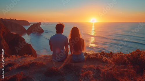 couple on the beach at sunset  men and woman on a cliff at the beach watching the sunset  travel European summer concept
