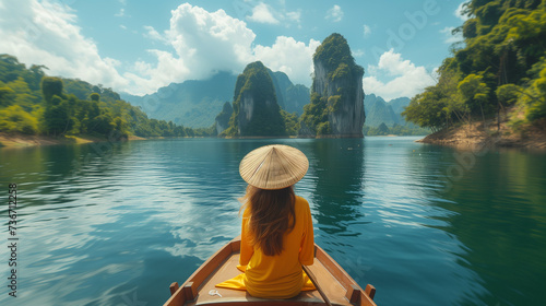 traveler woman with bamboo hat in a longtail boat at Khao Sok Lake Thailand Asia, Asian woman in a boat at the lake with limestone cliffs © Fokke Baarssen