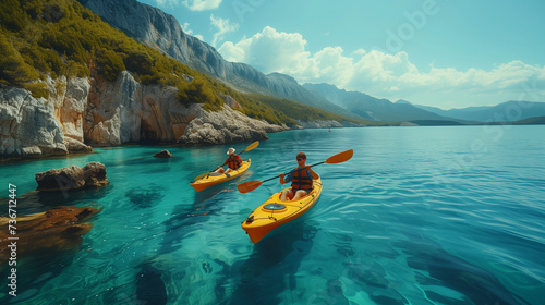 a couple of men and woman paddle a kayak on the sea. Kayaking on island during vacation © Fokke Baarssen