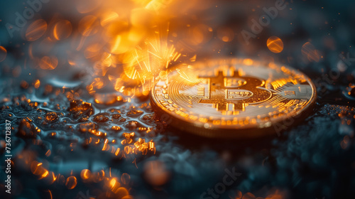 Golden Bitcoins (new virtual money ) Golden coins with bitcoin symbol crypto currency blcokchain concept, bitcoin on computer board photo
