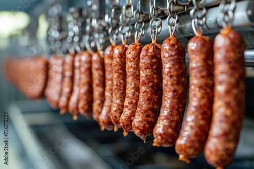  Industrial production of sausages. Sausages hang in a row