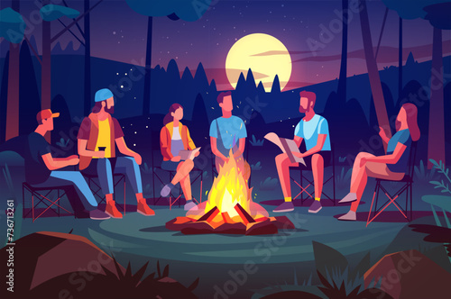 hikers sitting near campfire hiking camping concept people spend time at night summer camp in forest friends company on vacation