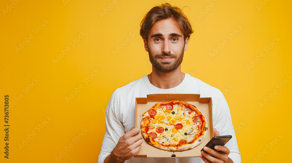 Young man in casual clothes hold italian pizza in cardboard flatbox use black screen mobile cell phone isolated on plain yellow background. Small business startup concept. Generative AI Young man in casual clothes hold italian pizza in cardboard flatbox use black screen mobile cell phone isolated on plain yellow background. Small business startup concept. Generative AI