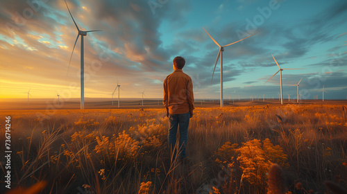 young man standing in the meadow at a windmill park at sunset, windmill turbines at sunset