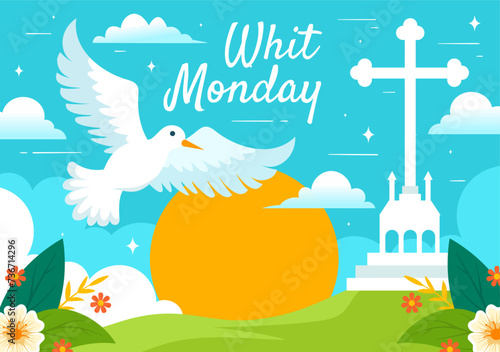 Whit Monday Vector Illustration with a Pigeon or Dove for Christian Community Holiday of the Holy Spirit in Flat Cartoon Background Design