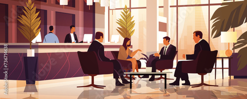 businesspeople discussing during meeting in hotel lobby business people sitting near reception desk photo