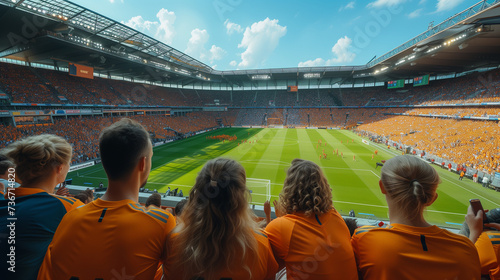 supporters of the Dutch football team in a football stadium, supporters of the Netherlands in a stadium, fans at a soccer game, European Championship or world cup concept, crowd of people in stadium © Fokke Baarssen