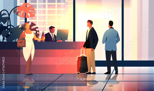 tourists with luggage departing from business trip standing at reception desk in hotel lobby recreation travel check-in concept