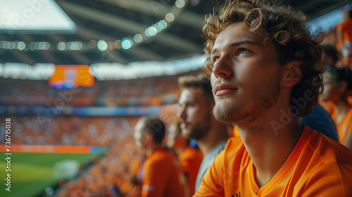 supporters of the Dutch football team in a football stadium, supporters of the Netherlands in a stadium, fans at a soccer game, European Championship or world cup concept © Fokke Baarssen
