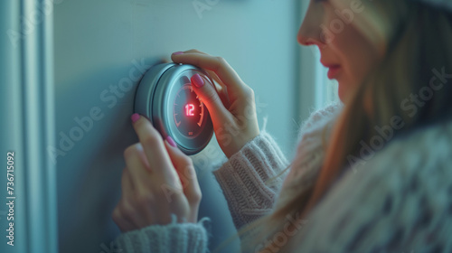 A woman sets the thermostat at the house, inflation high gas prices concept photo