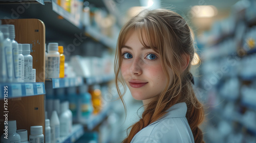 Portrait of confident smilingfemale pharmacist in the drugstore looking at camera. attractive young blond woman pharmacist working in a pharmacy	 photo