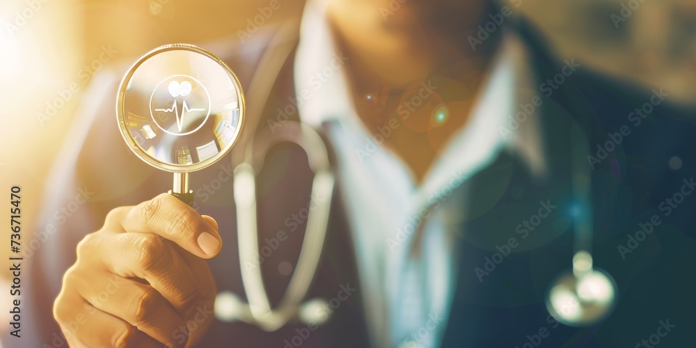 Health insurance concept. people magnifier holding plus and healthcare medical icon, health and access to welfare health concept - obrazy, fototapety, plakaty 
