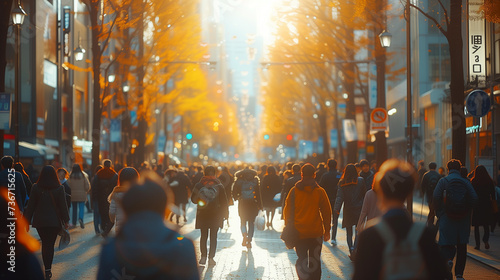  blurred crow of people in the city at sunset, group of people walking in a bussy street at autumn