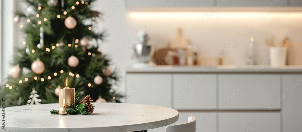 there is a christmas tree in the background and a table with a candle on it . High quality
