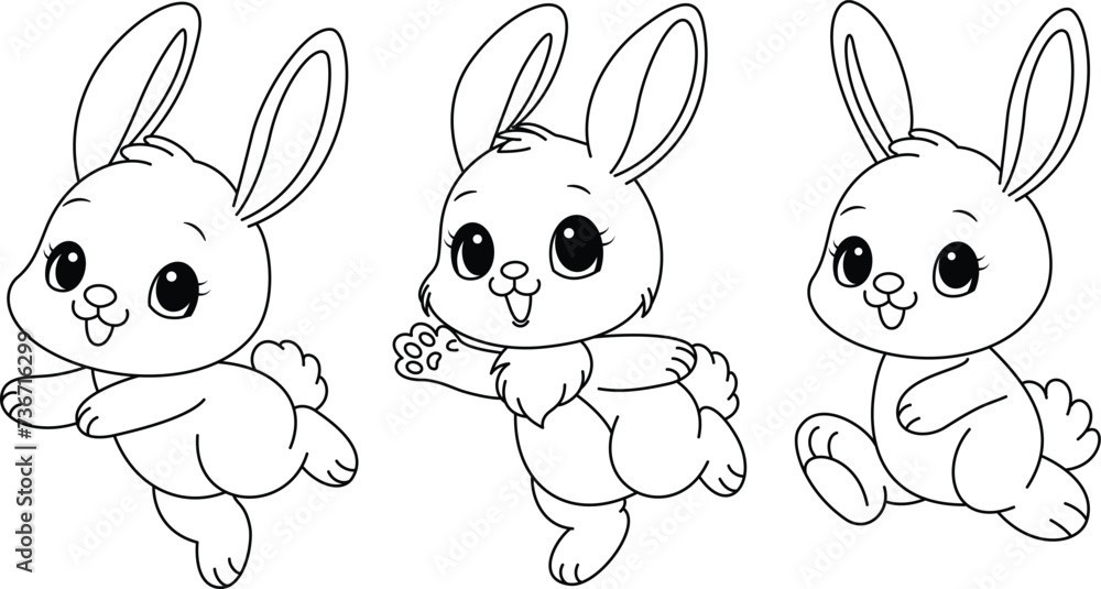 Set of cute bunny coloring page. Easter colouring book for kids