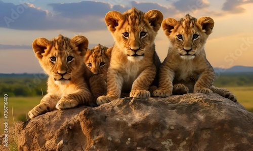 Group of young lions on the hill. national park