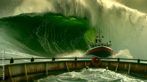 Fishing boat disaster with a monstrous wave, a dramatic battle against nature's fury © Sunshine Design