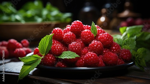 Delicious fresh raspberries on blur background