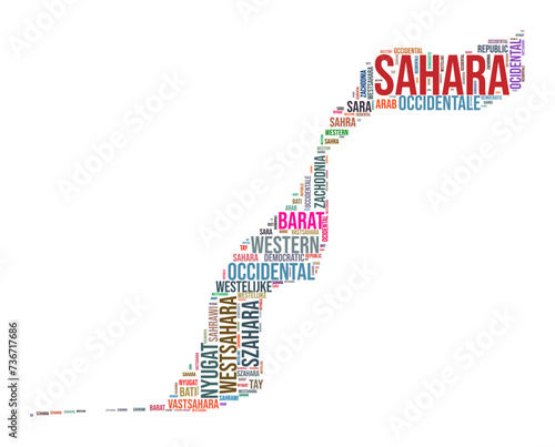 Western Sahara country shape word cloud. Typography style country illustration. Western Sahara image in text cloud style. Vector illustration.