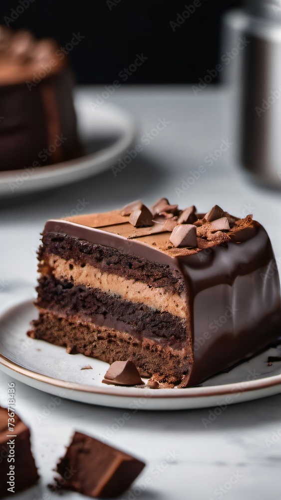 Photo Of Homemade And Delicious Sliced Cake With Cocoa And Chocolate On White Marble In A Plate. Photo Of Homemade And Delicious Sliced Cake With Cocoa And Chocolate On White Marble In A Plate.