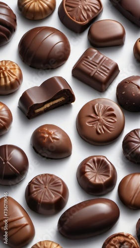 Photo Of Various Chocolate Pralines Isolated On White Background, Top View.