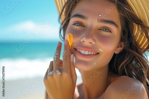 Young woman with a hat applying sunscreen on her face at a sunny beach location