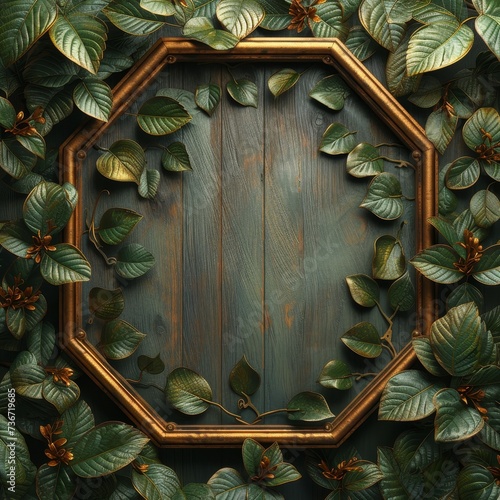 Elegant green leaves delicately frame an ornate vintage octagonal wooden frame on a textured background
