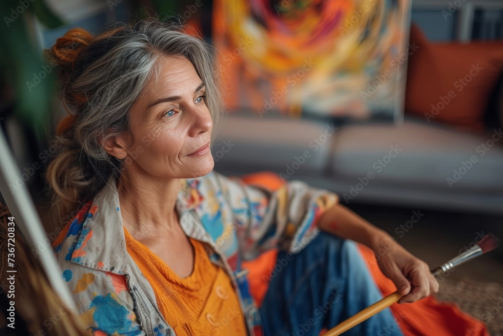 Obraz premium An older female painter looks thoughtful, surrounded by colorful artwork in her creative space