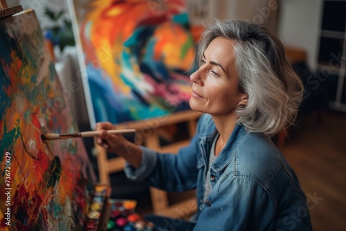 A female artist creates a colorful abstract painting, brush in hand, standing before an easel in a cozy studio with paints
