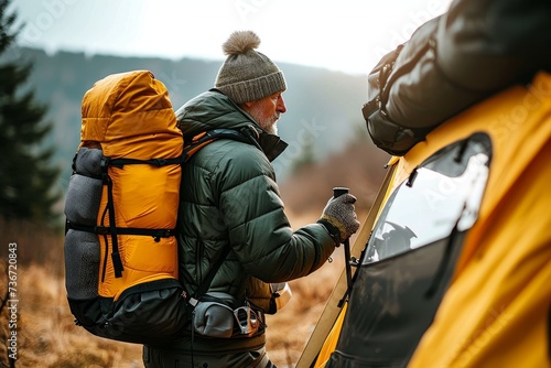 A man in warm clothing adjusts equipment next to a bright yellow tent in a wooded mountainous campsite