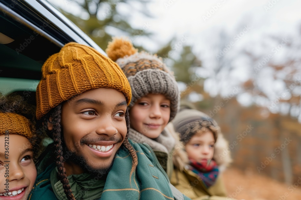 A happy family looks out of a car window, surrounded by autumn scenery, expressing joy and togetherness