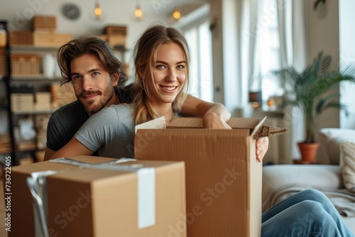 Two joyful partners unpacking and enjoying their new home with open boxes around them © LifeMedia