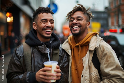 Two joyful friends enjoying a light moment together on a city street with coffee