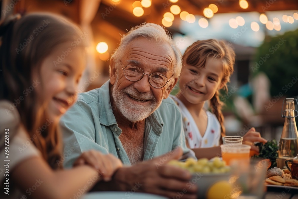 An elderly man with glasses having a heartwarming dinner with grandchildren outdoors An elderly man with glasses having a heartwarming dinner with grandchildren outdoors