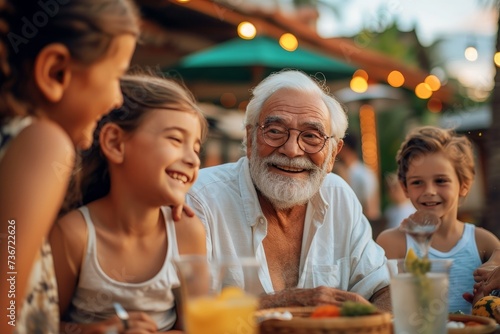 A joyful elderly man shares a meal with his young grandchildren at an outdoor table