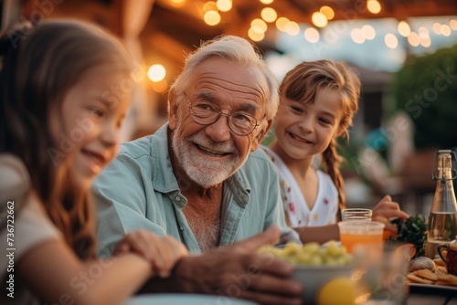 An elderly man with glasses having a heartwarming dinner with grandchildren outdoors