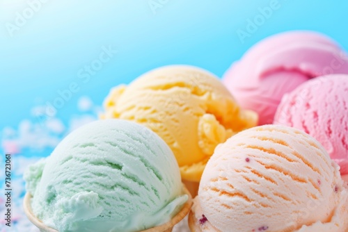 Scoops of ice cream against a blue sky background