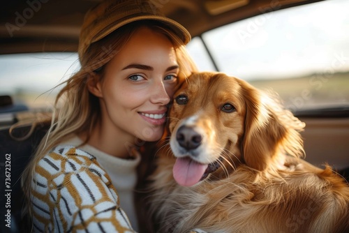 Attractive young woman sharing a candid moment with her dog inside a car © LifeMedia