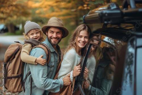Smiling family with backpacks by their car, ready for an outdoor adventure in autumn