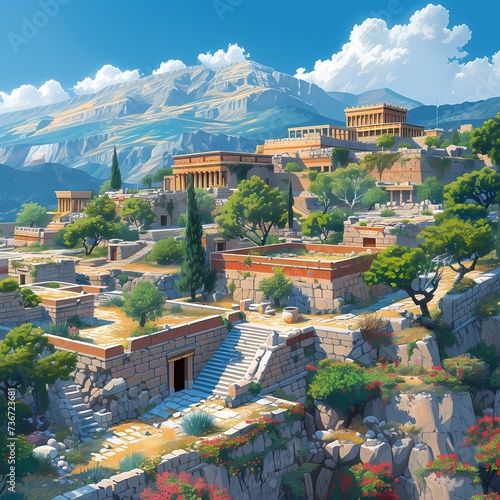 Majestic Ancient Greek Cityscape with Blossoming Flowers and Clear Sky