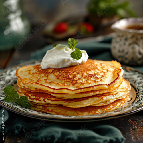 A tall stack of pancakes topped with sour cream and parsley.