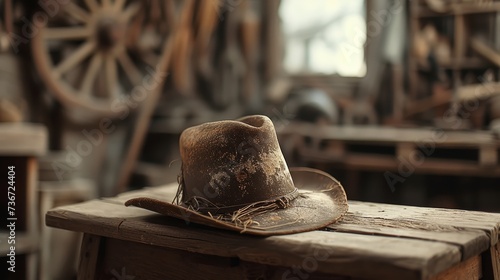 Vintage cowboy hat on a rustic stool  evoking the essence of the Wild West