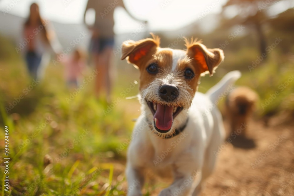 Small energetic dog with a big smile, with a blurred family walking in the background