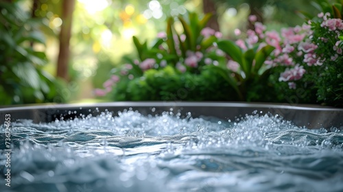 Crystal clear jets flowing in a hot tub amidst lush garden for relaxation. photo