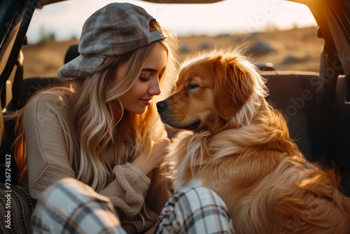 Cozy moment as a woman and her golden retriever enjoy the sunset from a car
