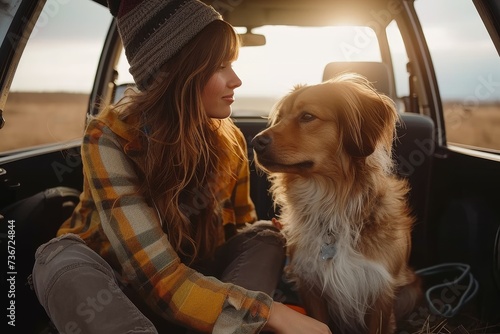 A woman enjoys a quiet moment with her dog in a car during a serene sunset scene