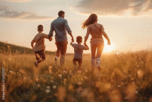 A happy family holds hands and runs through a field during sunset, symbolizing love, togetherness, and healthy lifestyle