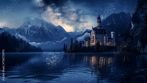 castle on the lake. Seamless looping time-lapse virtual 4k video animation background	 photo